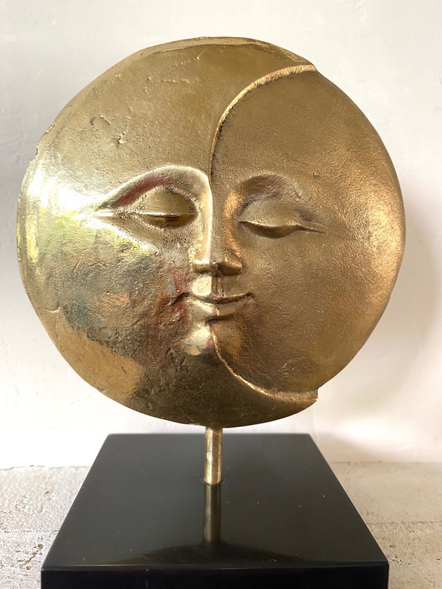«Lunes ». Sculpture En Bronze Sur Socle En Marbre Noir. Années 80. -photo-2