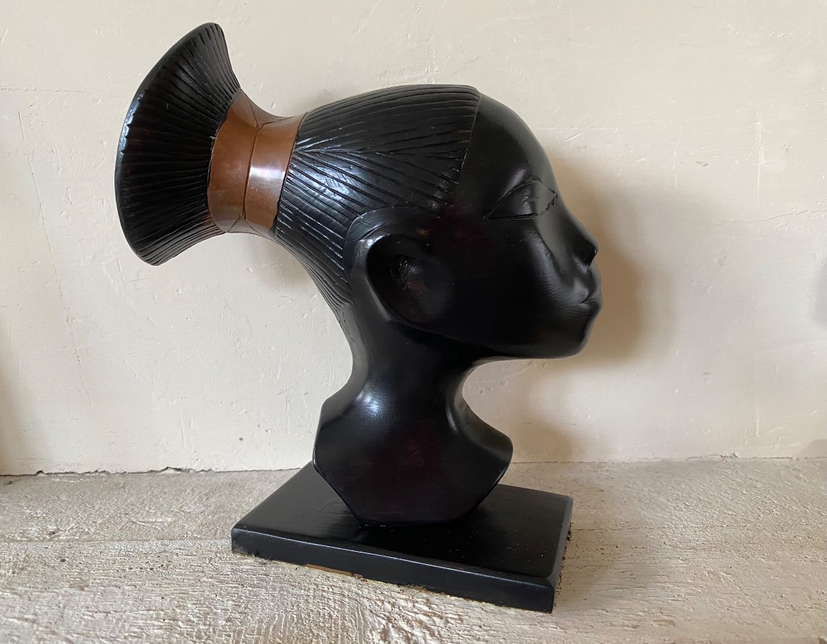 Pair Of Africanist Blackened Bronze Bookends. Profiles Of Mangbetu Women. Mid 20th Century.-photo-3