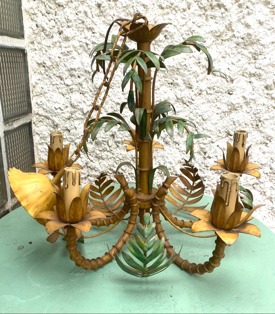 Mid-20th Century Five-light Chandelier. Painted Sheet Metal. Bamboo Stems And Leaves. Baguès House. -photo-2