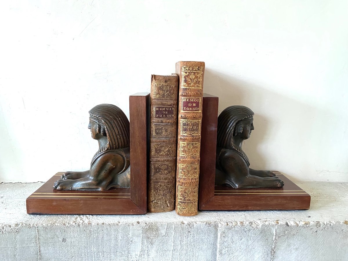 Bronze Bookends On Wooden Bases. Early 20th Century. Sphinx. Egyptomania. -photo-2