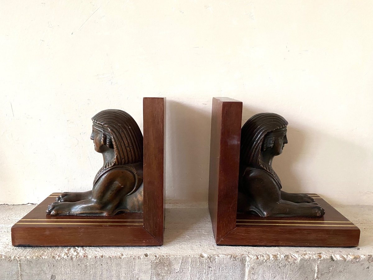 Bronze Bookends On Wooden Bases. Early 20th Century. Sphinx. Egyptomania. -photo-3