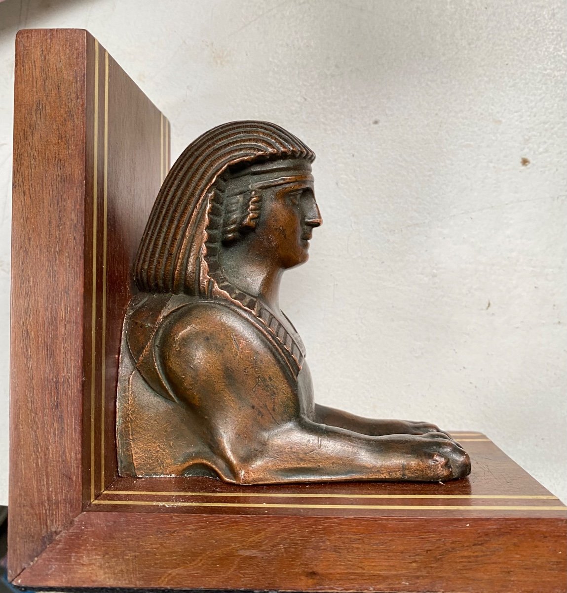 Bronze Bookends On Wooden Bases. Early 20th Century. Sphinx. Egyptomania. -photo-1