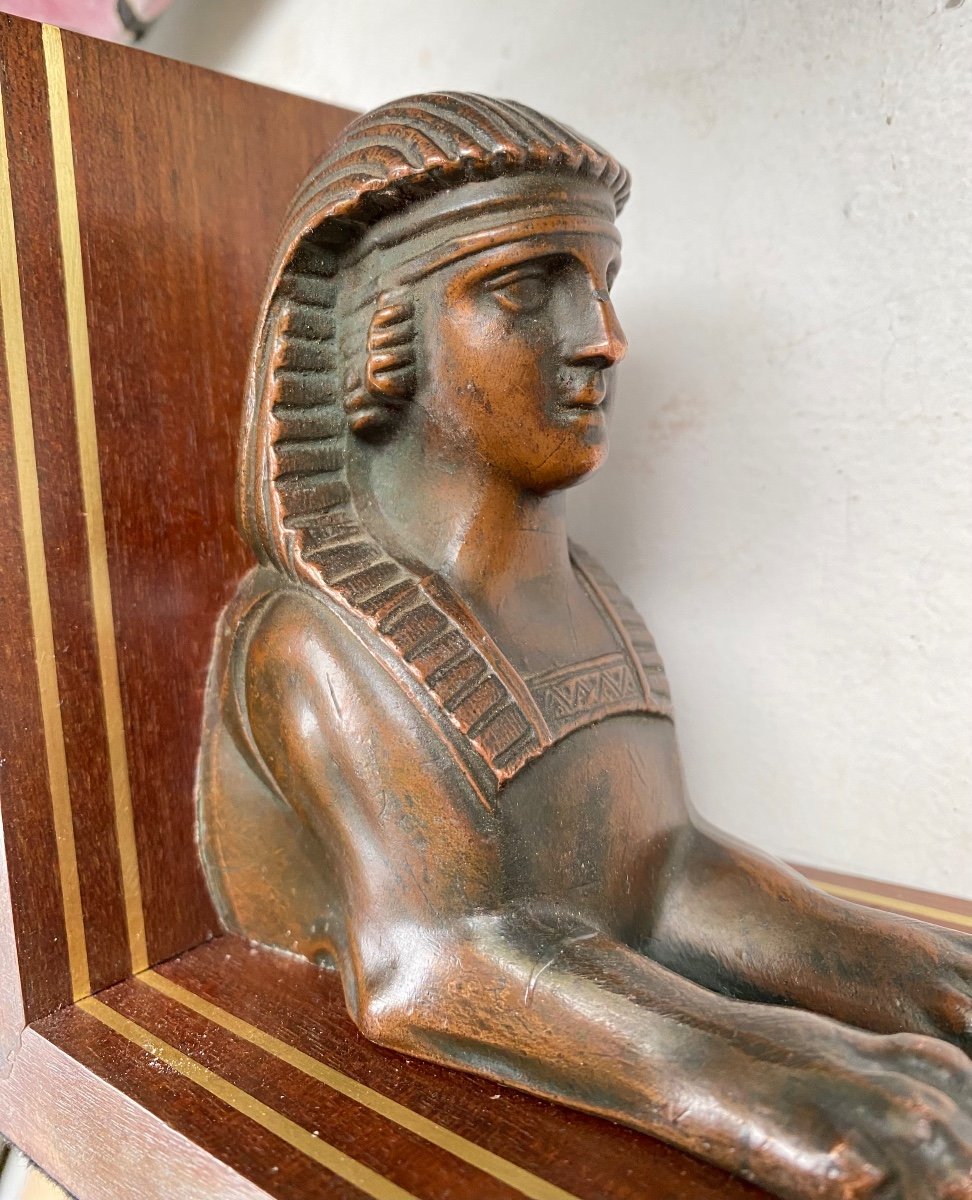 Serre-livres En Bronze Sur Socles En Bois. Début XXème. Sphinx. Egyptomania. -photo-2