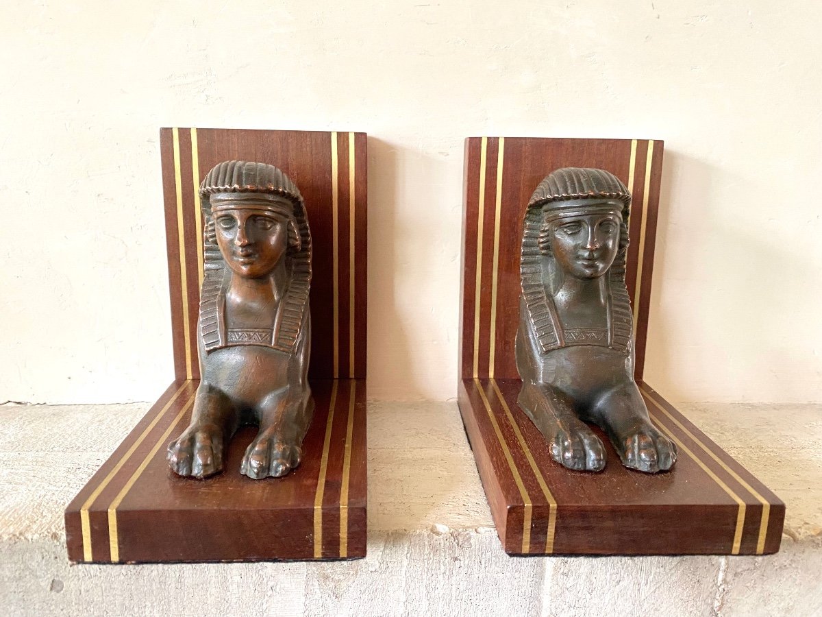 Bronze Bookends On Wooden Bases. Early 20th Century. Sphinx. Egyptomania. 