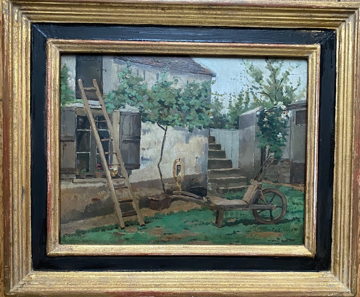 Pierre Petit-Gérard. “cour De Ferme En Alsace”. Huile Sur Panneau Encadrée   Fin XIXème.