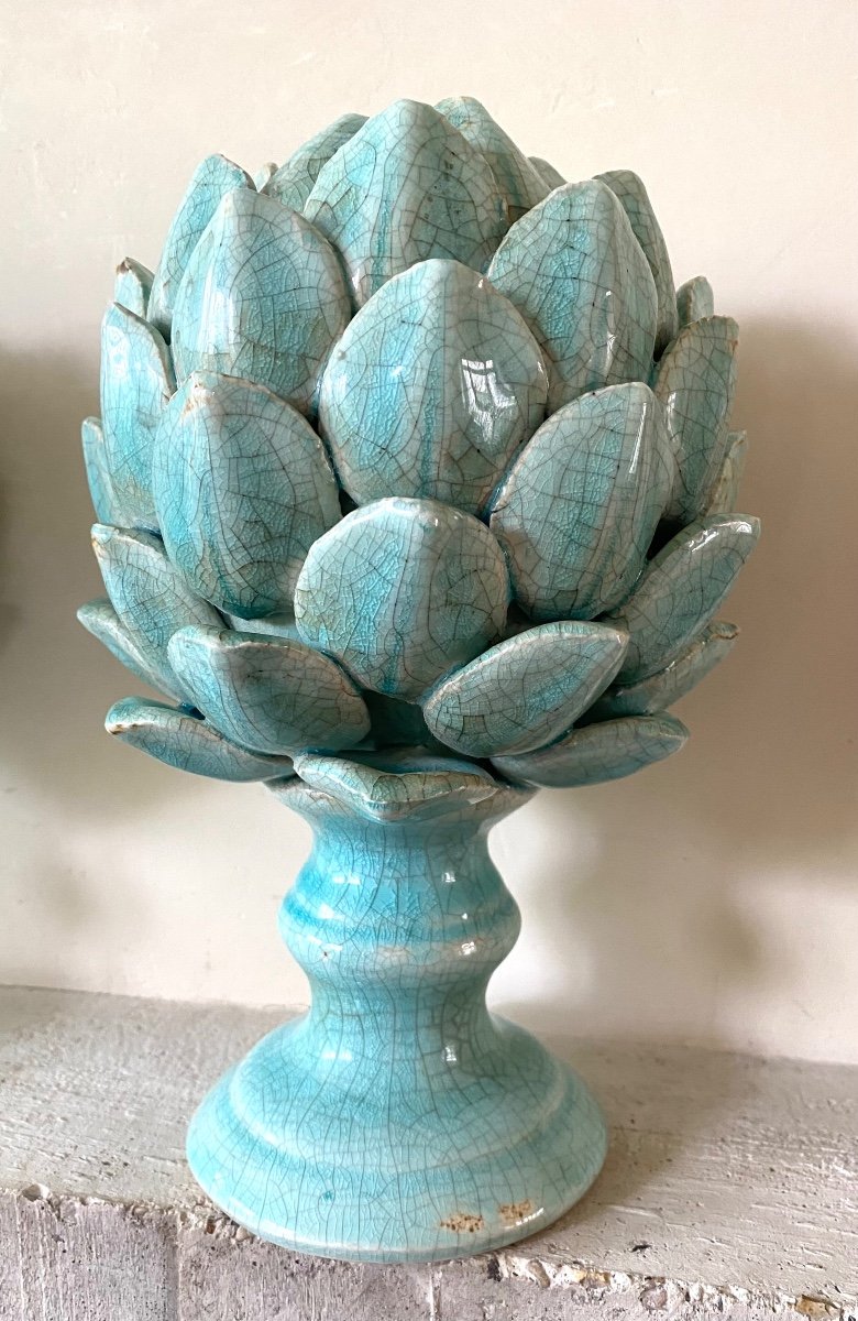 Pair Of Decorative Artichokes In Blue Glazed And Cracked Ceramic. 20th Century. -photo-4