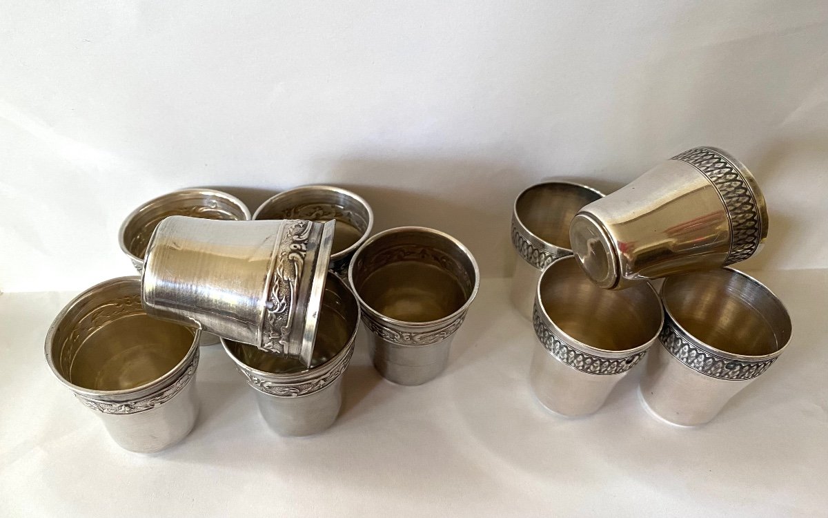 Set Of 11 Silver Liqueur Or Vodka Cups. France Early 20th Century.  -photo-2