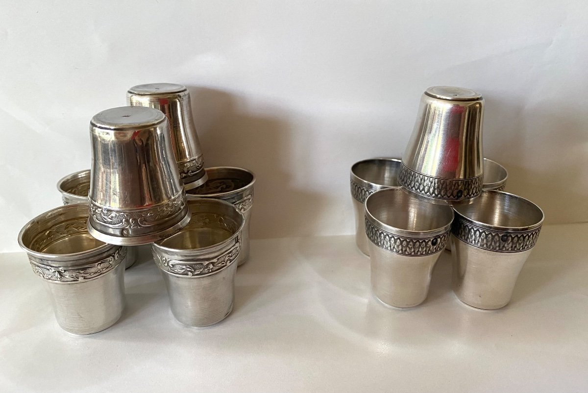 Set Of 11 Silver Liqueur Or Vodka Cups. France Early 20th Century.  