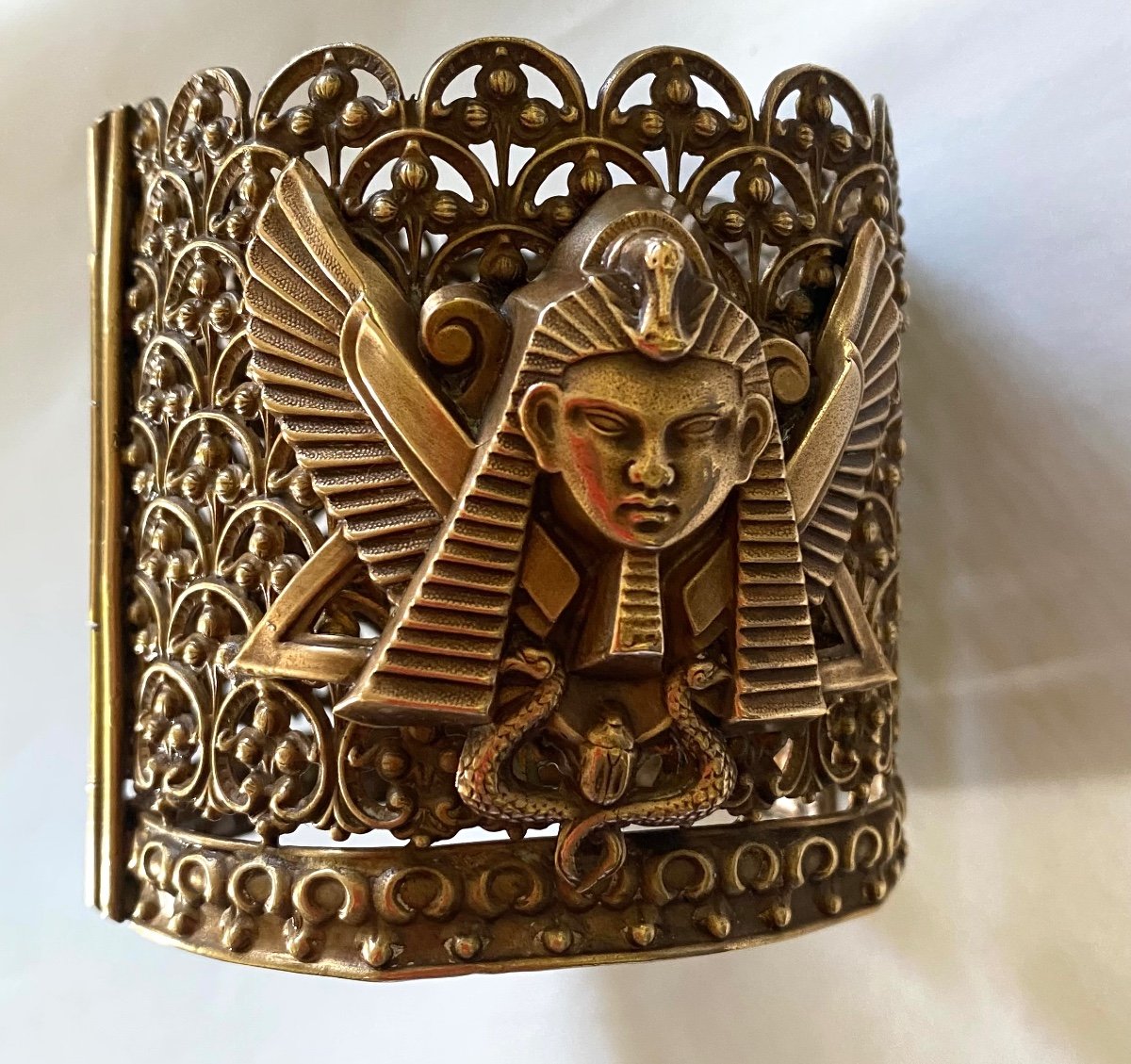 Egyptomania. 19th  Brass Theater Bracelet. Pharaoh's Head, Snake And Scarab Decor. -photo-2