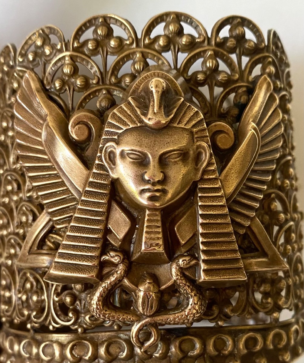 Egyptomania. 19th  Brass Theater Bracelet. Pharaoh's Head, Snake And Scarab Decor. -photo-5