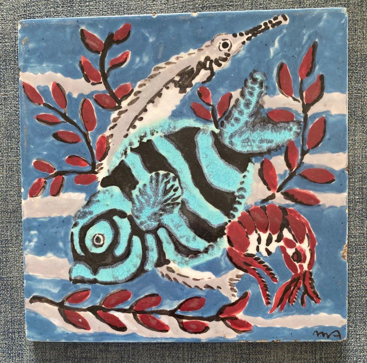 M. A. Glazed Ceramic Tile. Hyères Mid 20th Century. Fish, Shrimp, Seaweed Decor. -photo-2