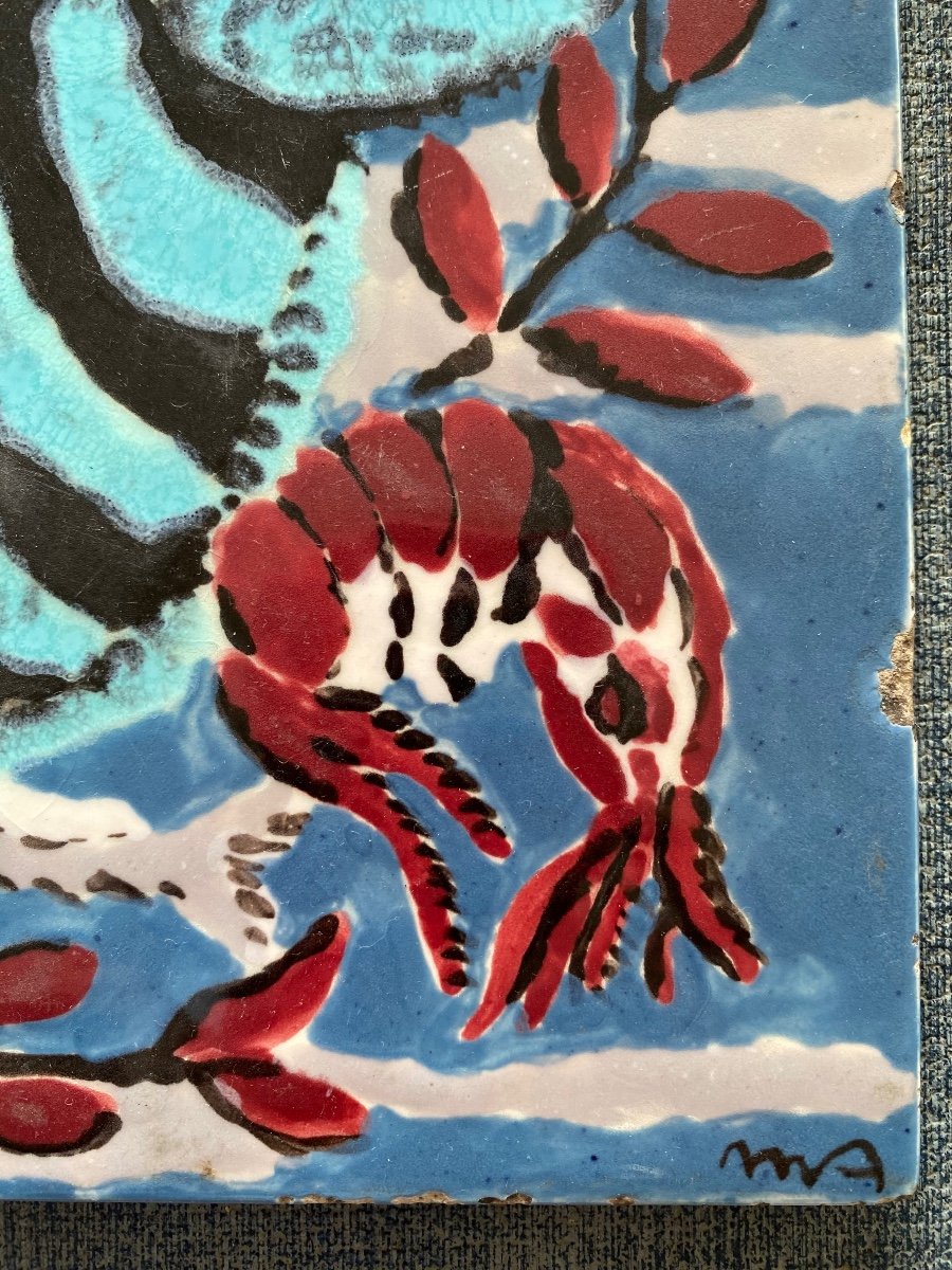 M. A. Glazed Ceramic Tile. Hyères Mid 20th Century. Fish, Shrimp, Seaweed Decor. -photo-3