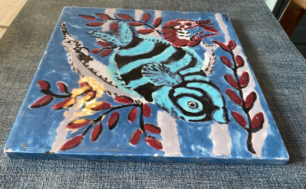 M. A. Glazed Ceramic Tile. Hyères Mid 20th Century. Fish, Shrimp, Seaweed Decor. -photo-4