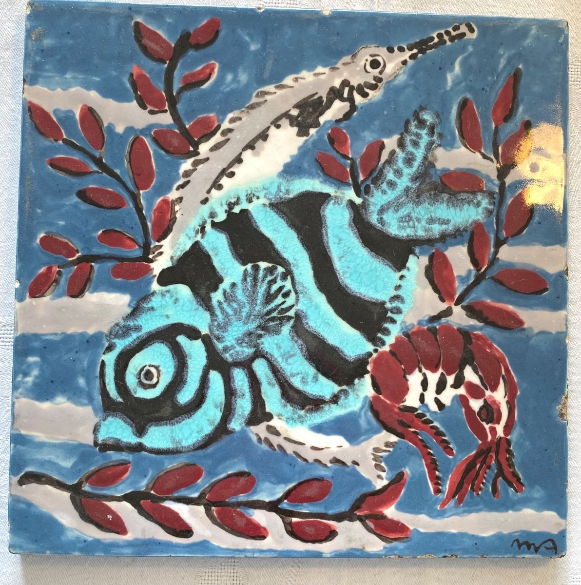 M. A. Glazed Ceramic Tile. Hyères Mid 20th Century. Fish, Shrimp, Seaweed Decor. 