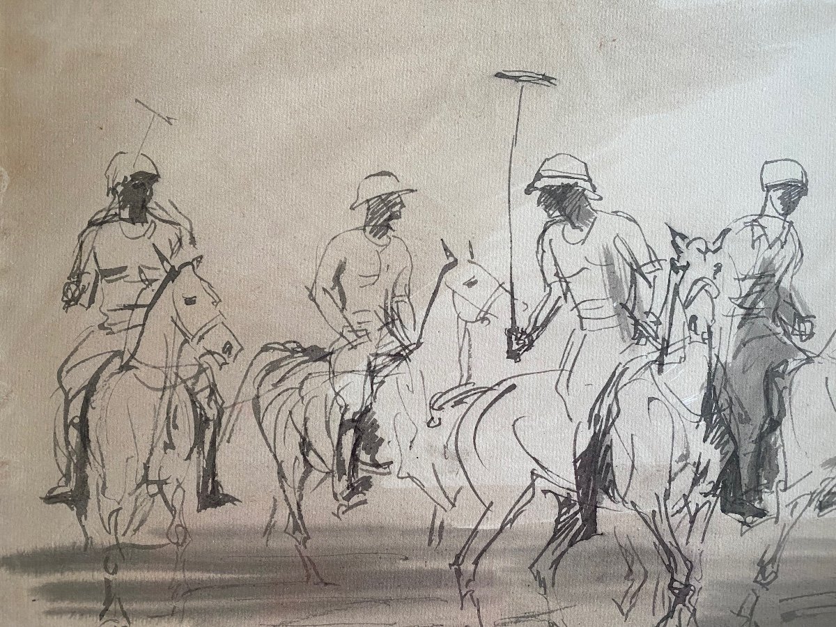 Pierre Olivier Dubaut. “the Polo Players”. Drawing On Paper. Mid-20th Century.-photo-2