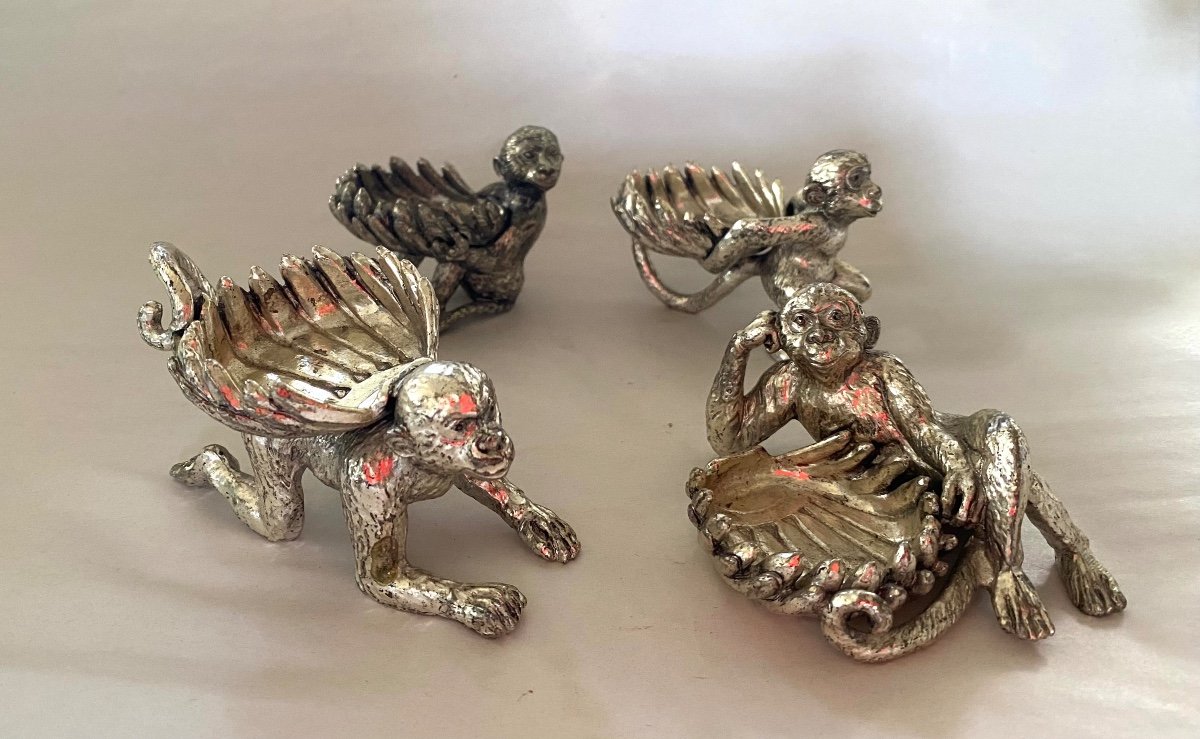 Four Monkeys Silver Metal Table. Salt Cellar, Candle Holders Or Ashtray.-photo-2