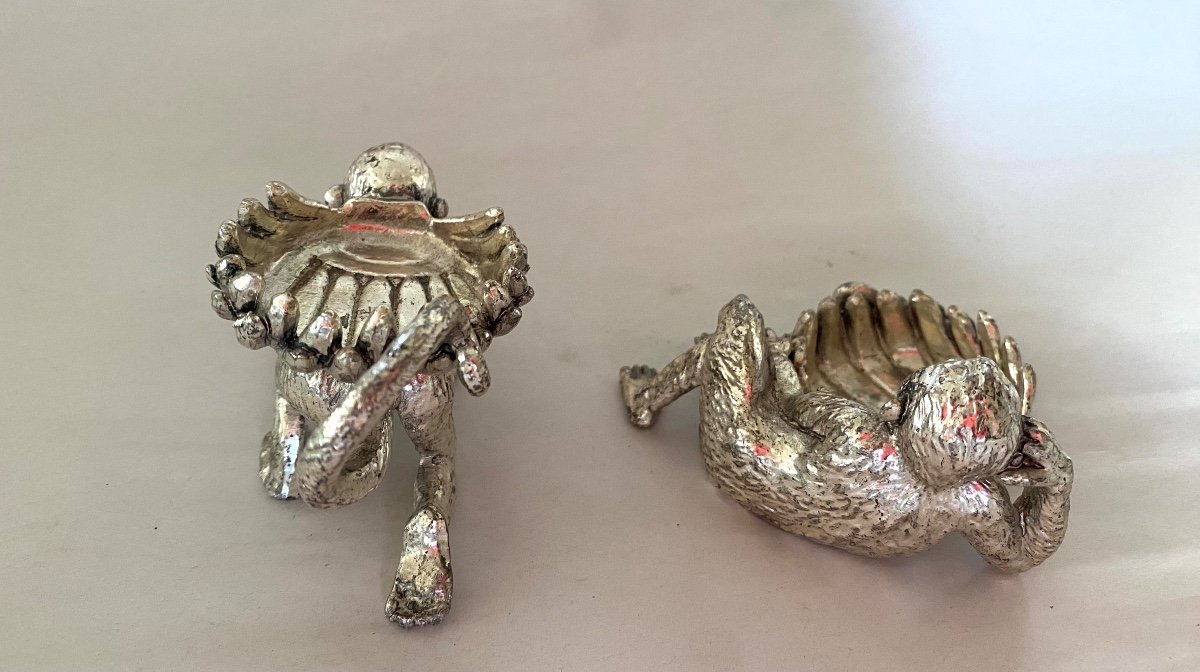 Four Monkeys Silver Metal Table. Salt Cellar, Candle Holders Or Ashtray.-photo-2