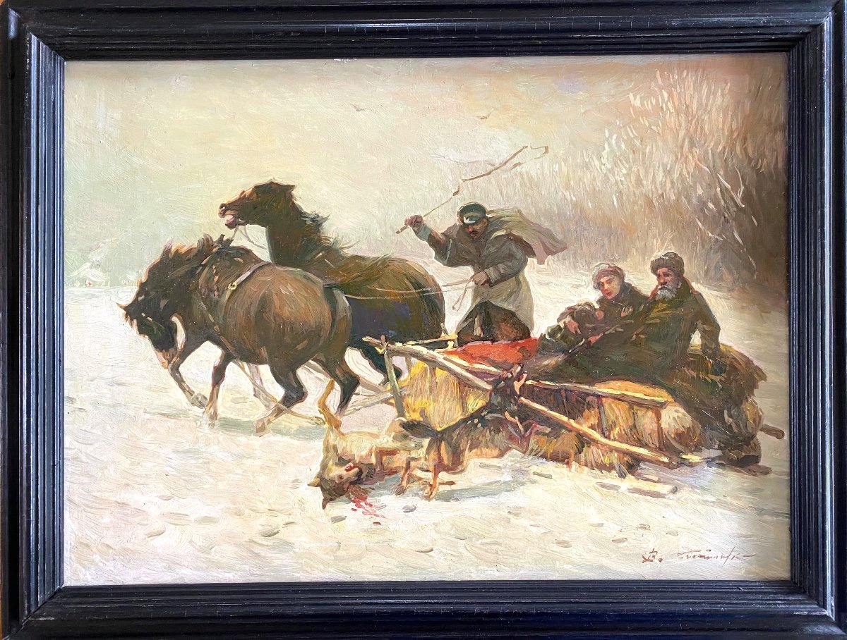 “the Attack Of The Wolves”. Oil On Framed Panel. Central European Or Russian School, Mid-20th Century