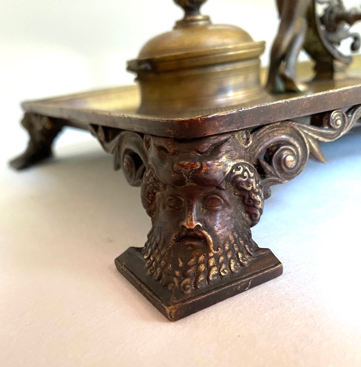 Large 19th Century Bronze Desk Inkwell. Ephebes And Antique Decor.-photo-6