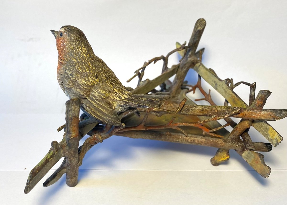 Vienna Bronze 19th Century. Robin On A Wooden Fence. -photo-3