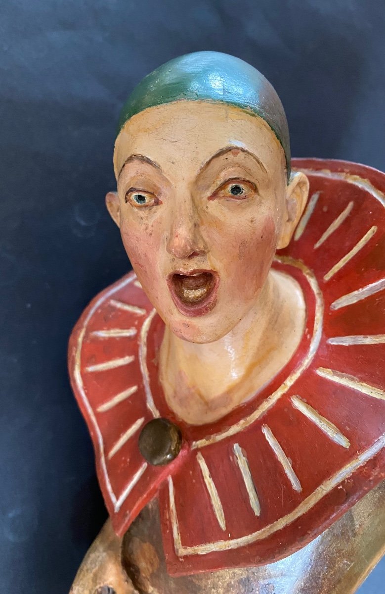 19th Century Bouquetiere In Polychrome Terracotta. Pierrot Subject. Clown. Circus. -photo-4