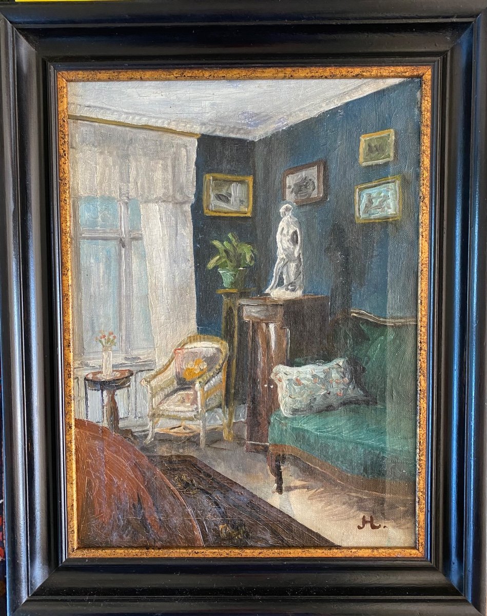 «  Intérieur ».  Huile Sur Toile Encadrée Début XXème. -photo-3