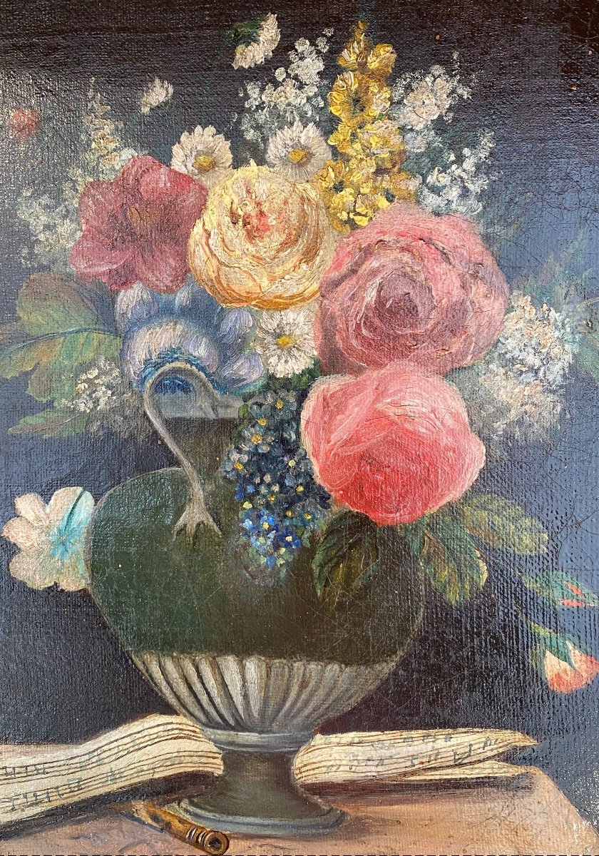 Bouquet Of Flowers And  Music Score. Oil On Canvas. Naïve Art . 19th Century. -photo-2