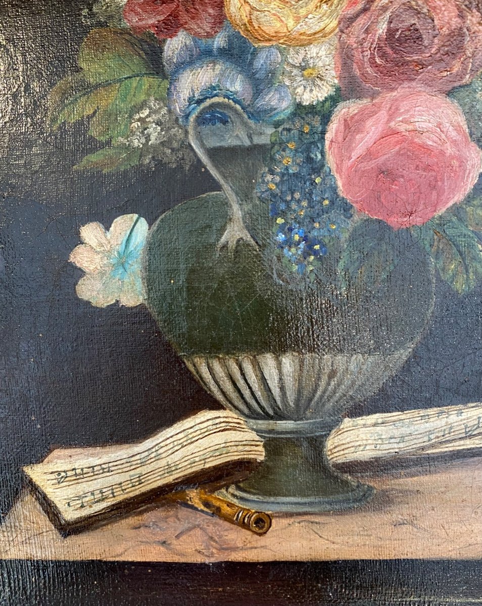 Bouquet Of Flowers And  Music Score. Oil On Canvas. Naïve Art . 19th Century. -photo-3