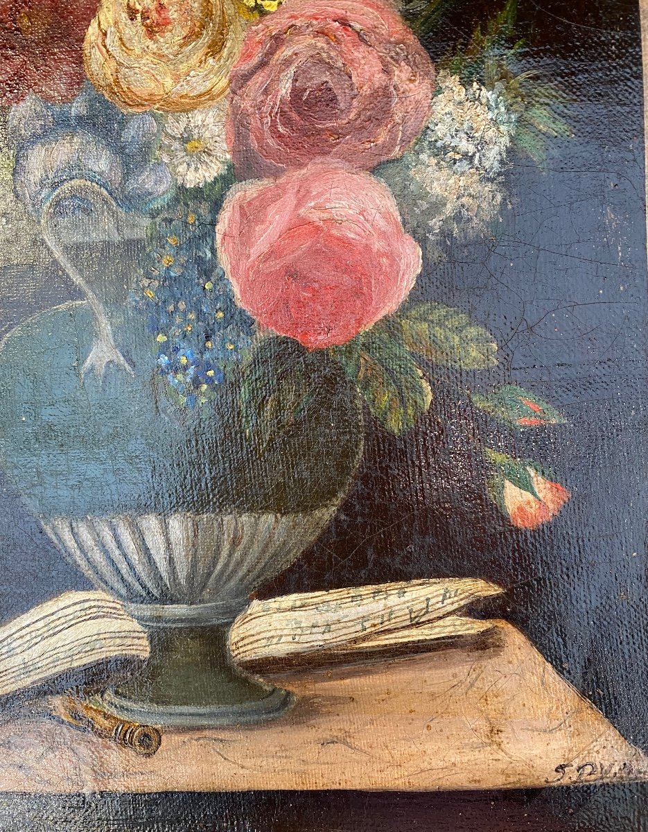 Bouquet Of Flowers And  Music Score. Oil On Canvas. Naïve Art . 19th Century. -photo-4