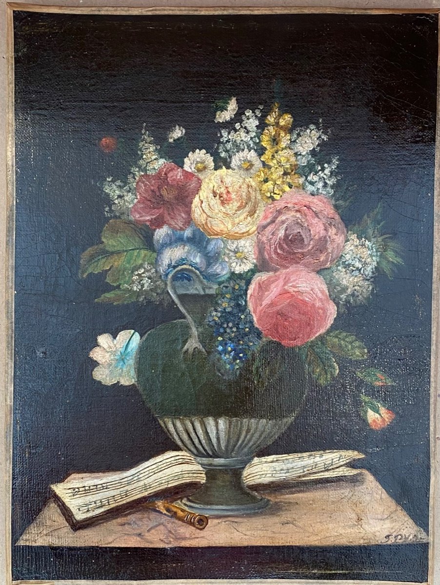 Bouquet Of Flowers And  Music Score. Oil On Canvas. Naïve Art . 19th Century. 