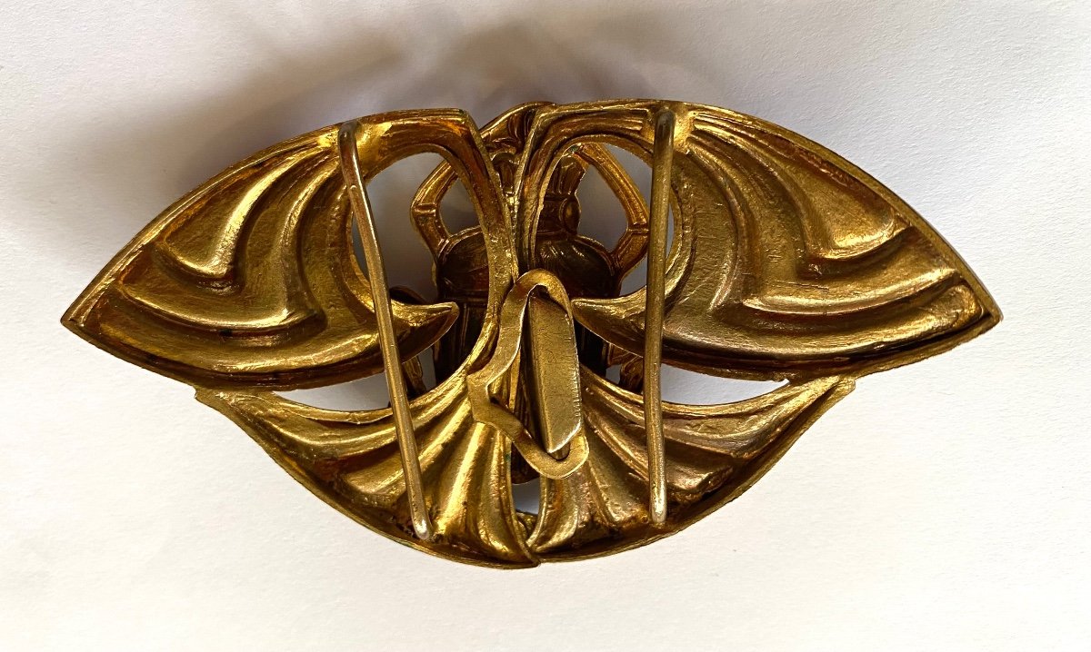 Egyptomania. Art Nouveau Belt Buckle In Gilded Metal And Enamel. Stylized Scarab. Late 19th. -photo-3