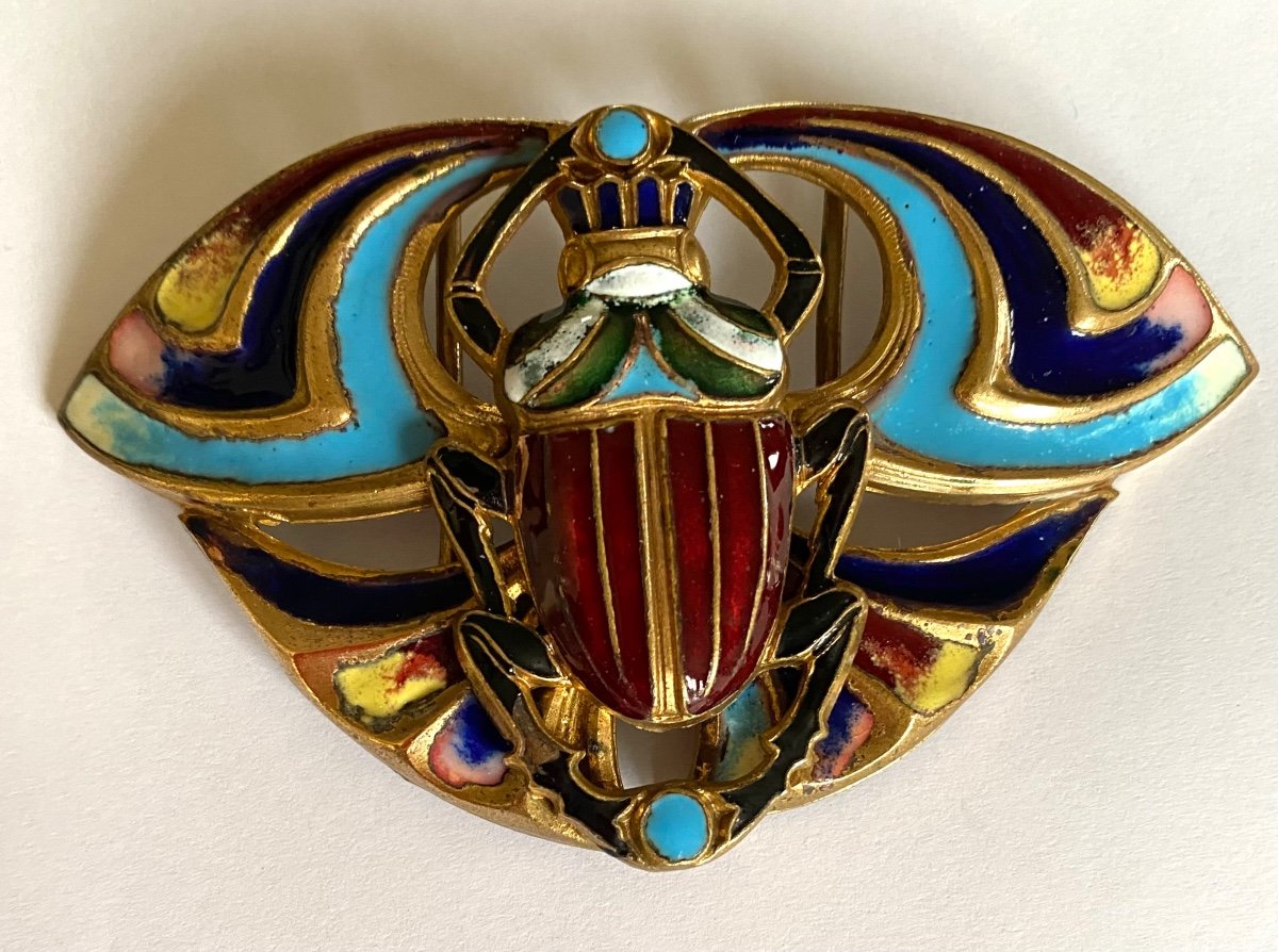 Egyptomania. Art Nouveau Belt Buckle In Gilded Metal And Enamel. Stylized Scarab. Late 19th. -photo-1