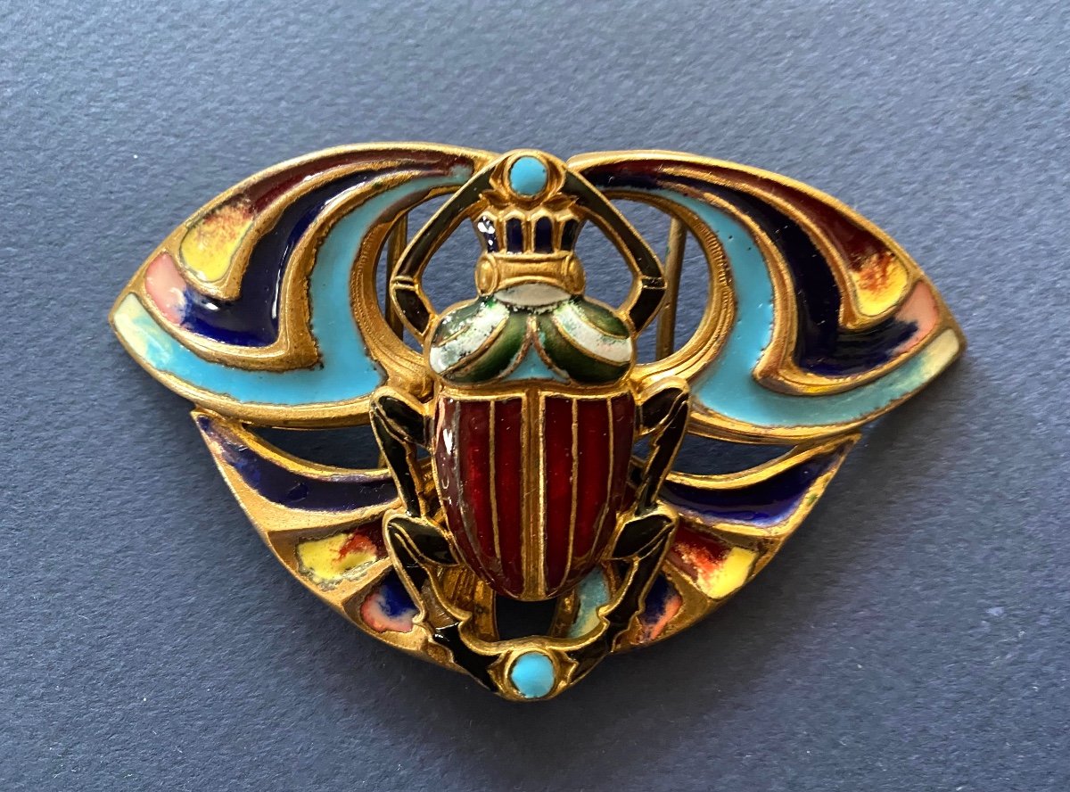 Egyptomania. Art Nouveau Belt Buckle In Gilded Metal And Enamel. Stylized Scarab. Late 19th. -photo-2