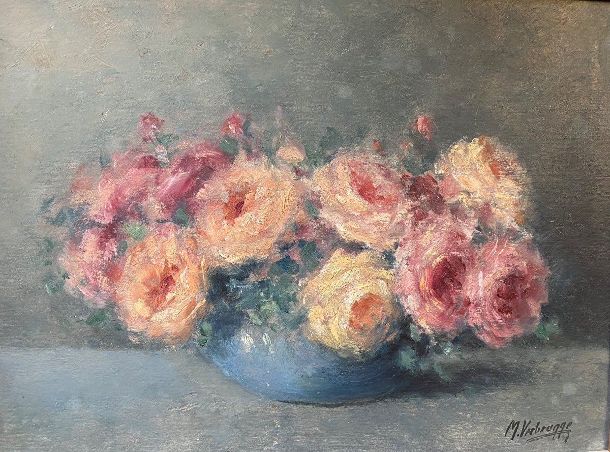 Maurice Verbrugge. Bouquet Of Roses.  Framed Oil On Paper. Belgian School, Early 20th .-photo-2