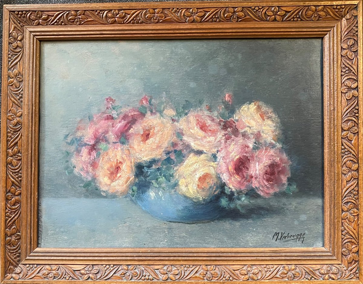 Maurice Verbrugge. Bouquet Of Roses.  Framed Oil On Paper. Belgian School, Early 20th .