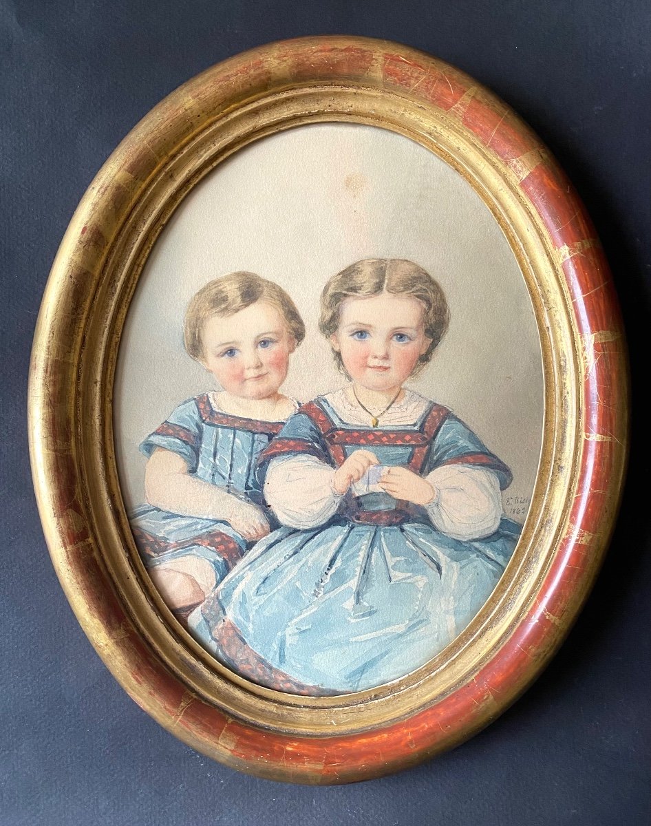 Emma  Risler-Puerari. Portrait De Ses Enfants. Aquarelle Encadrée. 1862. 