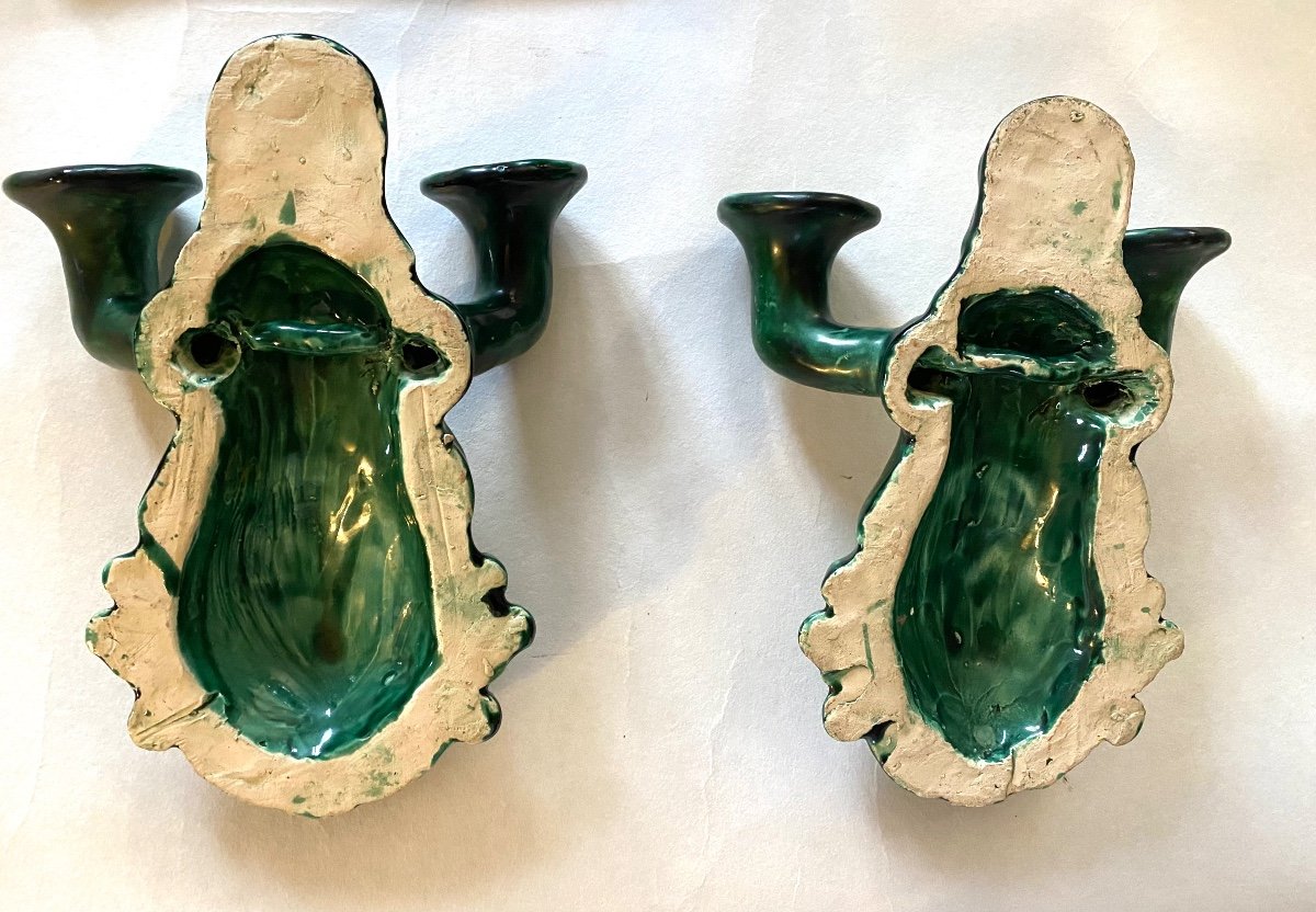 Pair Of Enameled Ceramic Wall Lights, Mid-20th Century. Female Figures. -photo-2