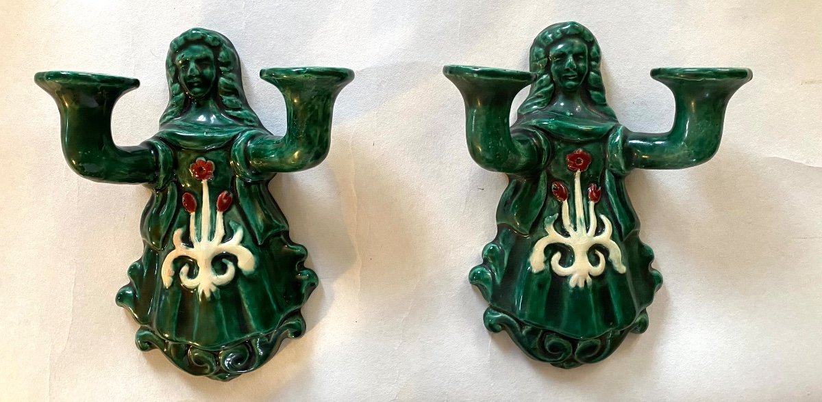 Pair Of Enameled Ceramic Wall Lights, Mid-20th Century. Female Figures. 