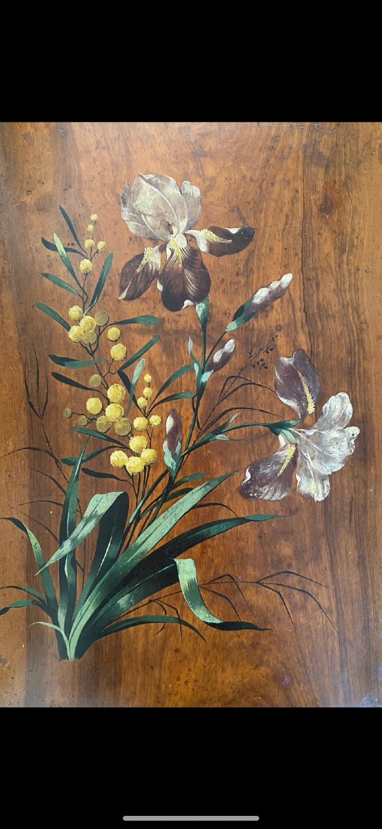 Irises And Mimosas. Oil On Olive Wood Panel. Nice Early 20th Century.-photo-1