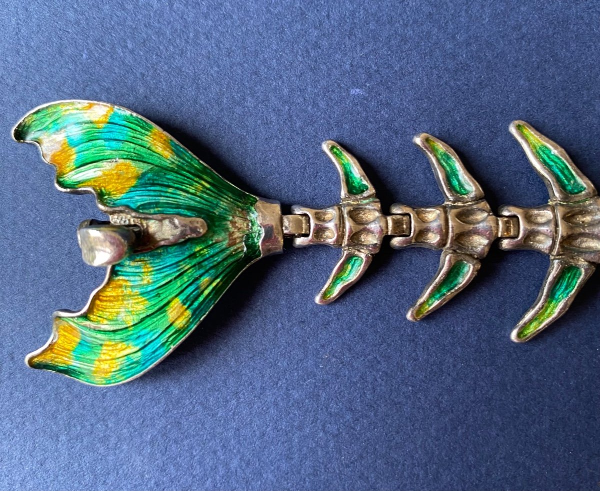 Pietro Sorini. Articulated Silver And Enamel Bracelet. Fish Skeleton. Italy 60s/70s.-photo-3