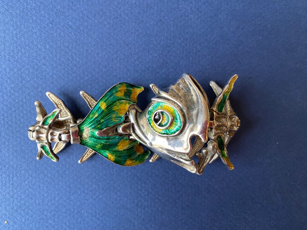 Pietro Sorini. Articulated Silver And Enamel Bracelet. Fish Skeleton. Italy 60s/70s.-photo-3