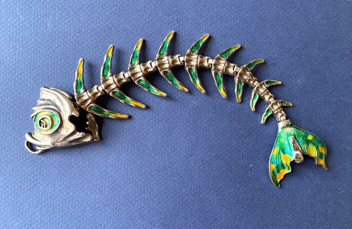 Pietro Sorini. Articulated Silver And Enamel Bracelet. Fish Skeleton. Italy 60s/70s.