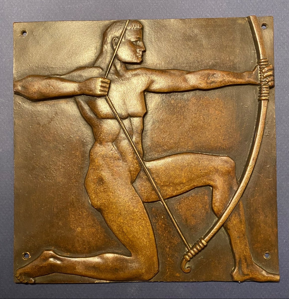 «L’ Archer ». Plaque En Bronze Art Déco. Bas Relief.-photo-2