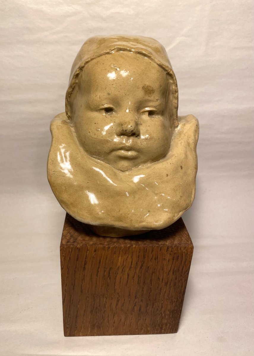 Baby's Head In Glazed Stoneware, 19th Century. According To Jean Carriès. -photo-2