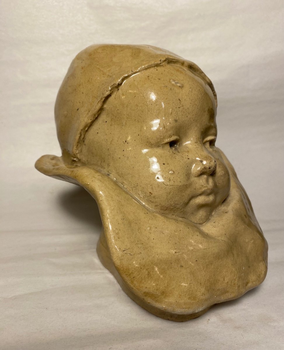 Baby's Head In Glazed Stoneware, 19th Century. According To Jean Carriès. -photo-3