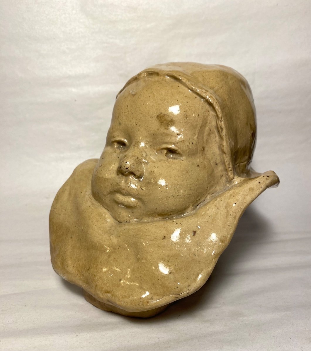 Baby's Head In Glazed Stoneware, 19th Century. According To Jean Carriès. -photo-4