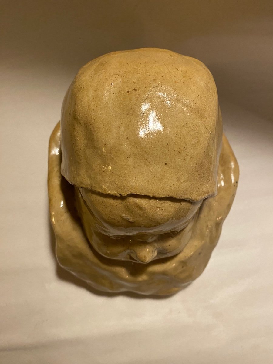 Baby's Head In Glazed Stoneware, 19th Century. According To Jean Carriès. -photo-3