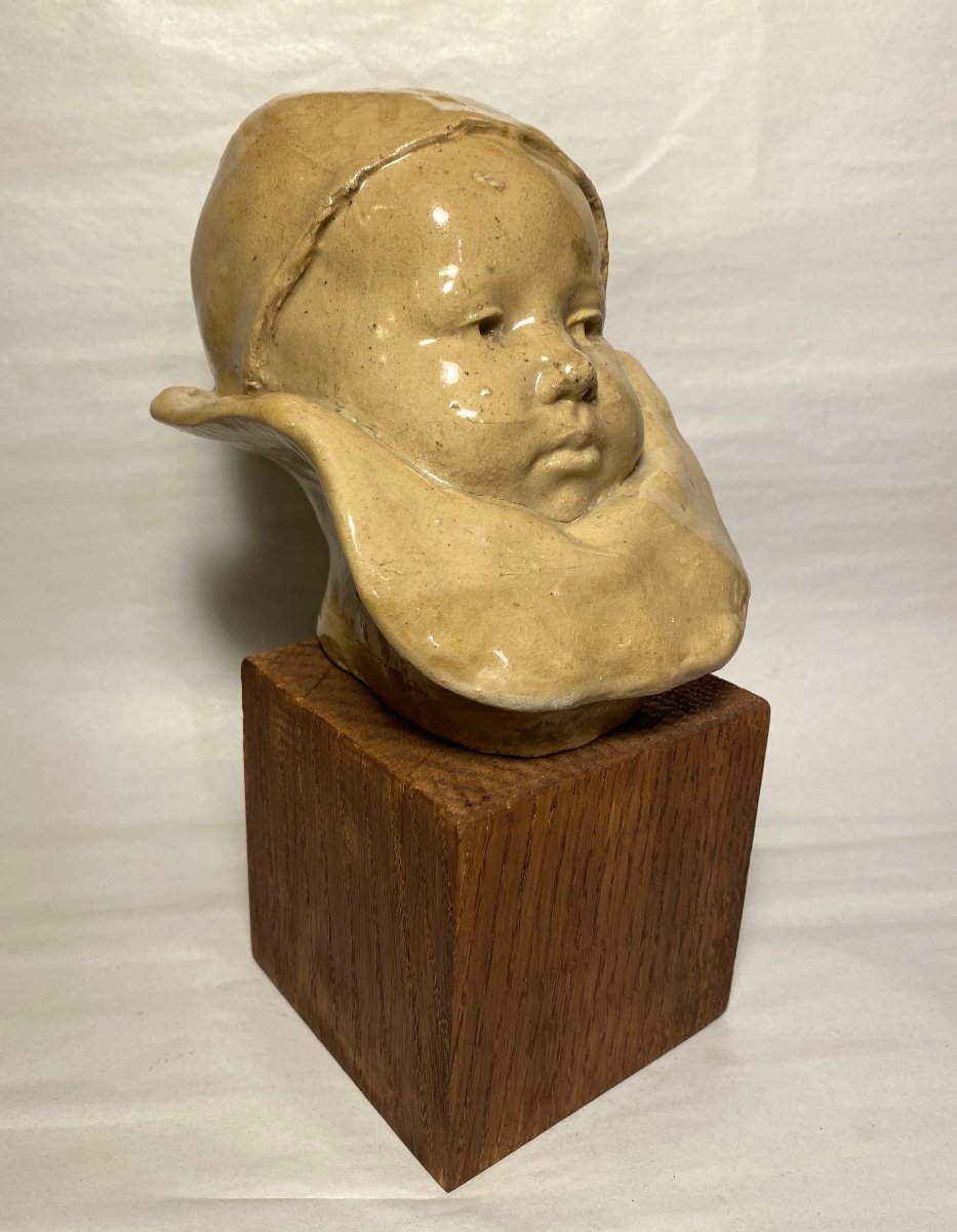 Baby's Head In Glazed Stoneware, 19th Century. According To Jean Carriès. 