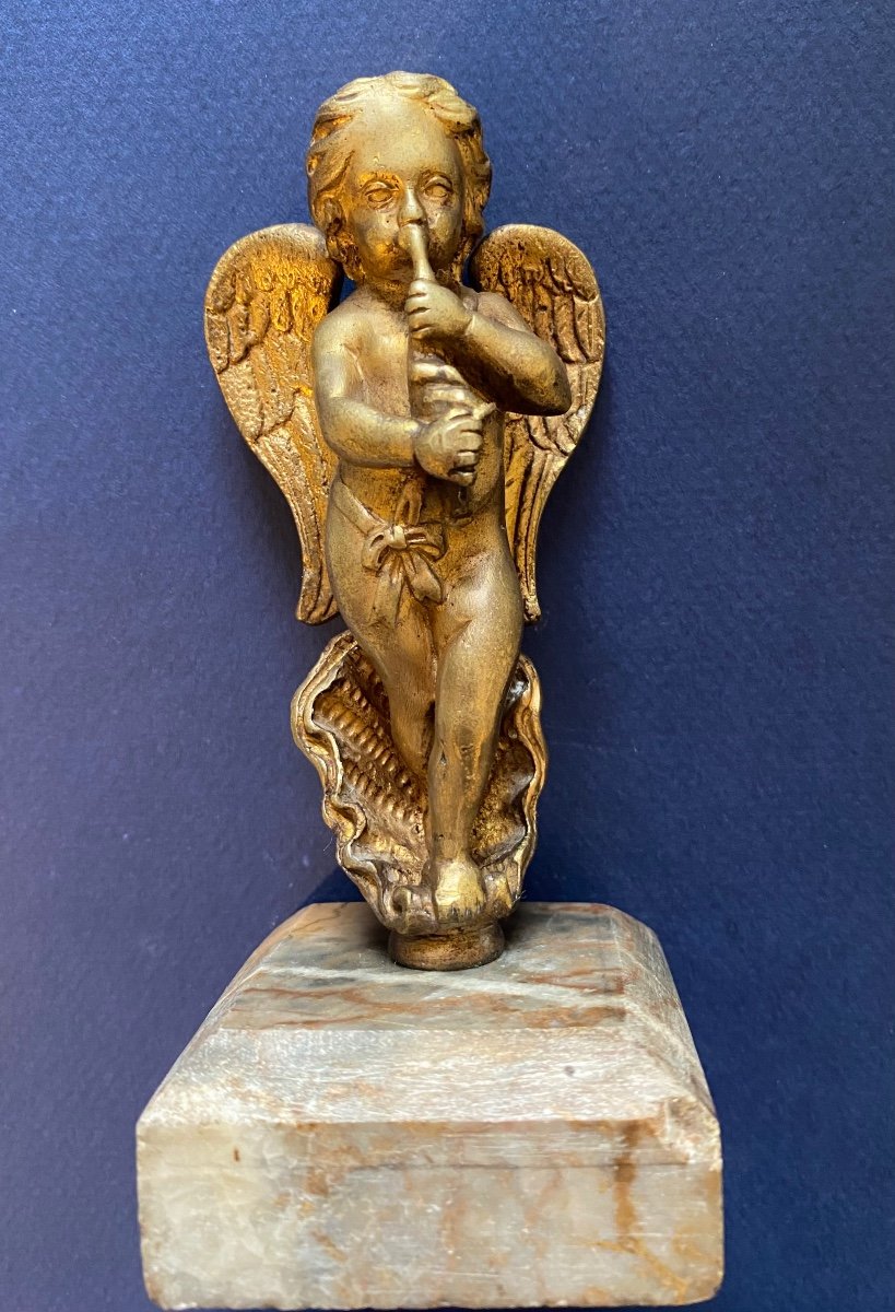 «Amour Musicien ». Bronze Doré Sur Socle En Marbre XIXème.