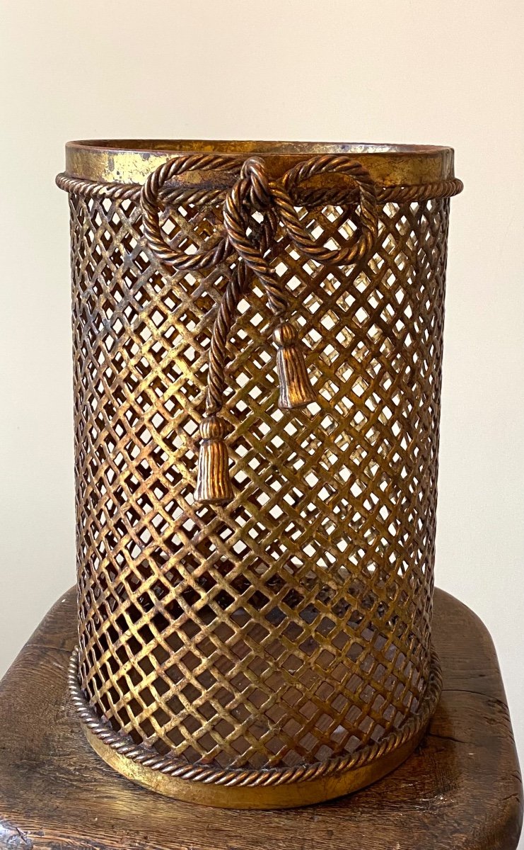 Li Puma. Openwork And Gilded Metal Basket. Italy, Mid-20th. Passementerie Decoration. -photo-2